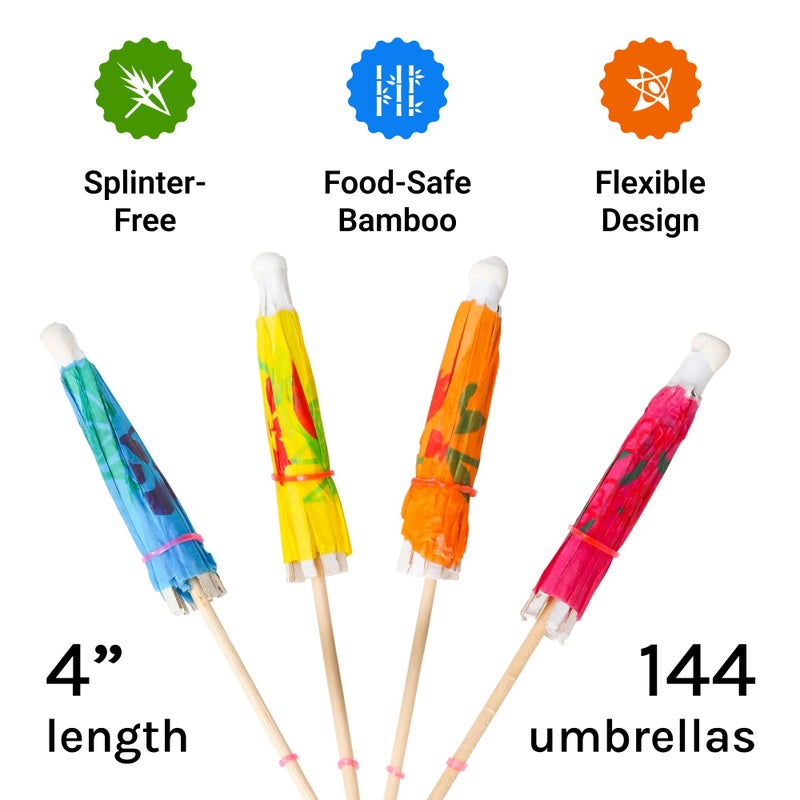 KingSeal 144 Count | KingSeal 4 Inch Umbrella Parasol Cocktail Picks, Cupcake Toppers, Assorted Colors and Designs, Tiki, Luau, Hawaii, Bulk Pack - 1 Box of 144 - Image 2